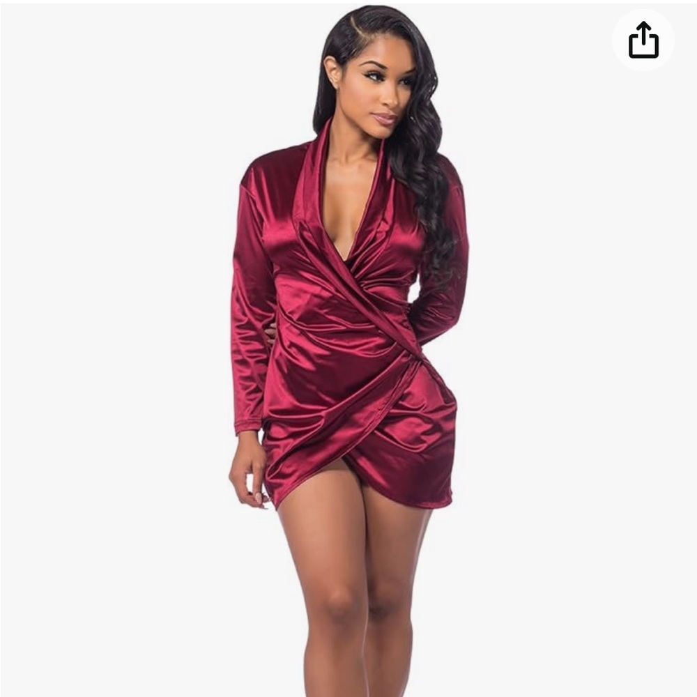 Long sleeve satin plunge mini dress